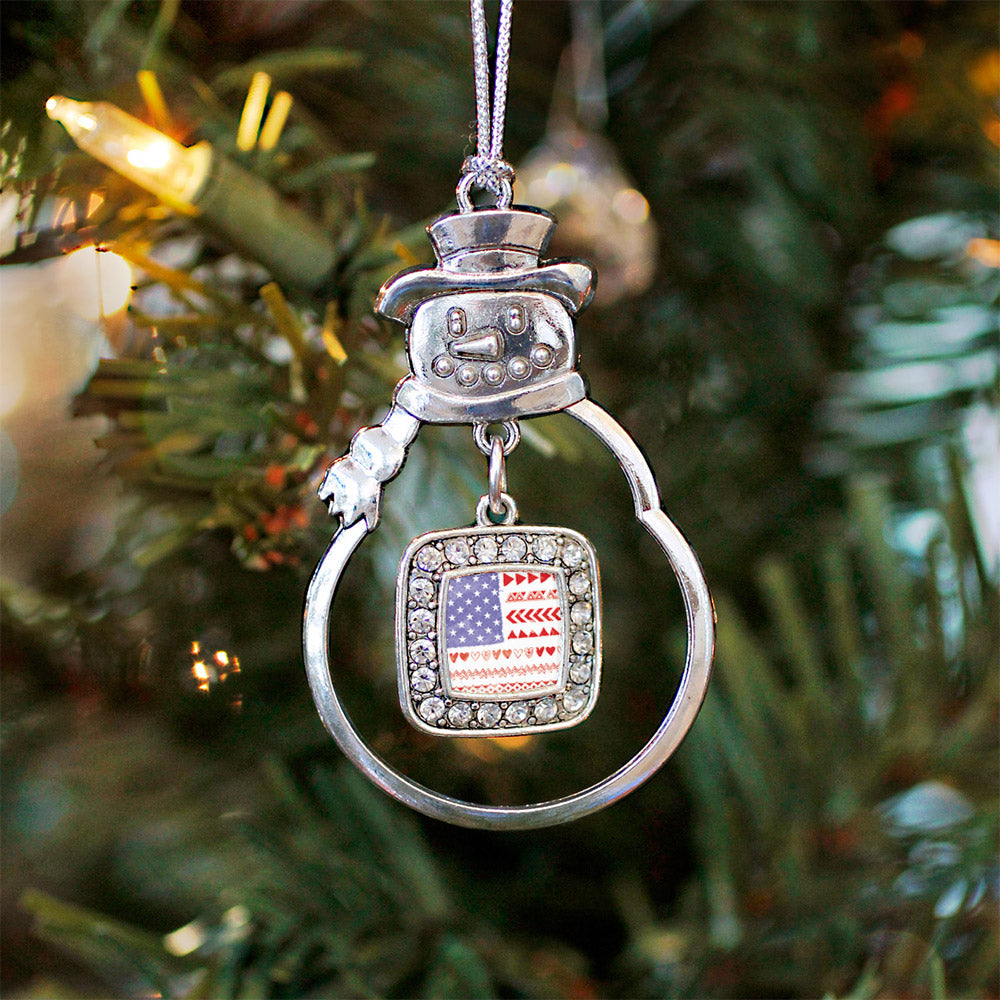 Silver Cute American Flag Square Charm Snowman Ornament