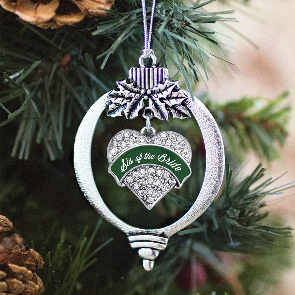 Silver Forest Green Sis of Bride Pave Heart Charm Holiday Ornament