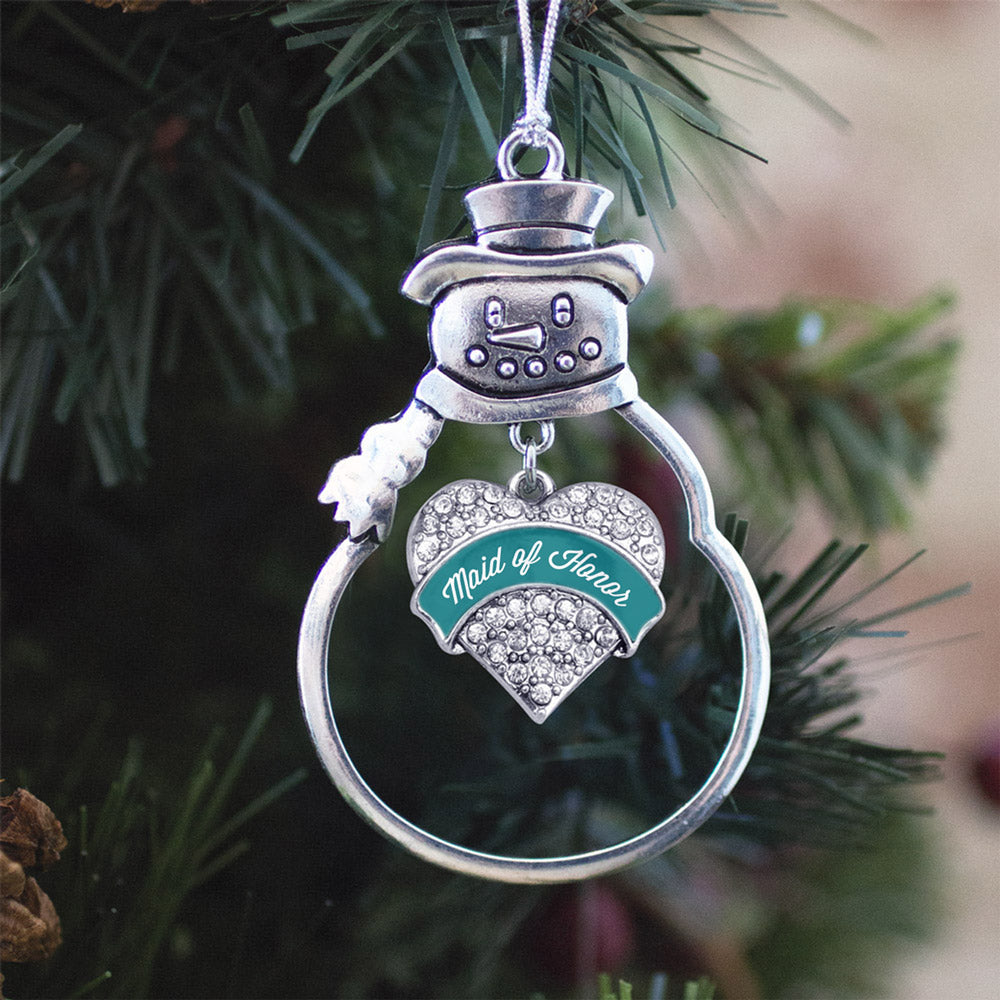 Silver Dark Teal Maid of Honor Pave Heart Charm Snowman Ornament
