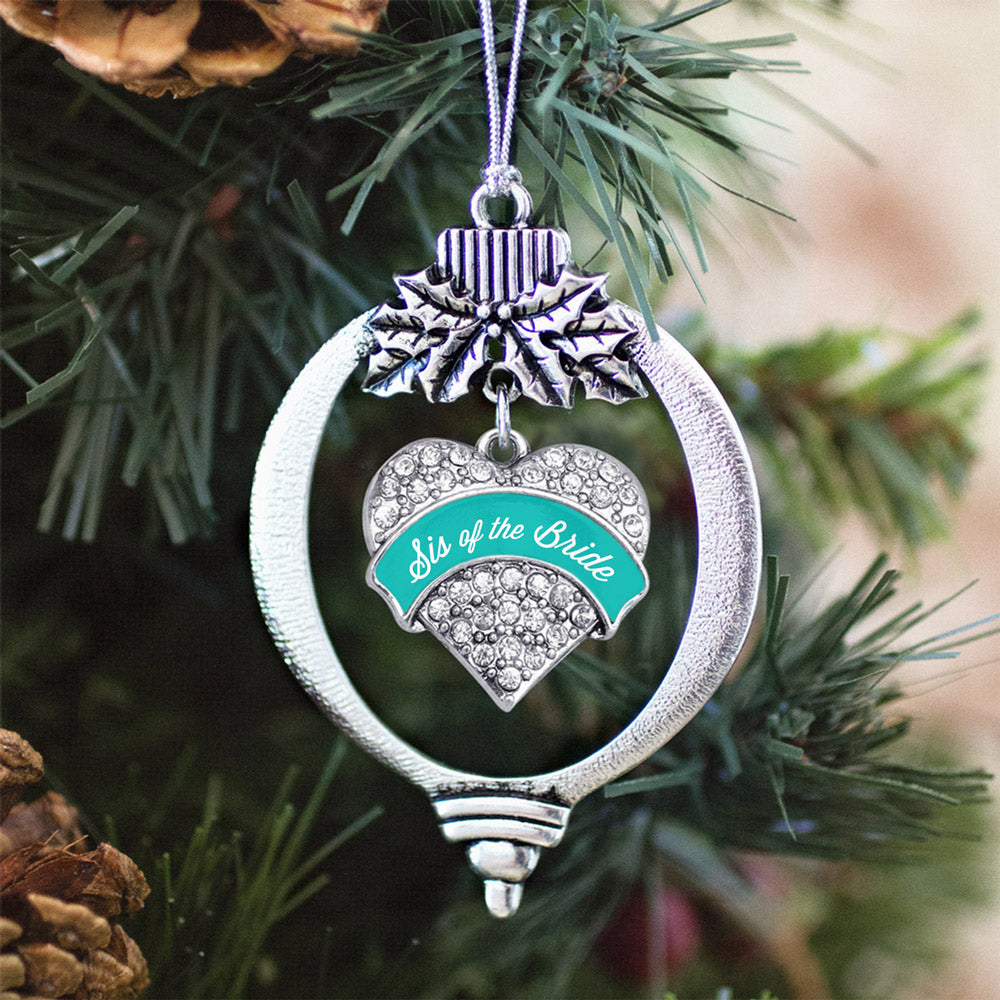 Silver Teal Sis of the Bride Pave Heart Charm Holiday Ornament