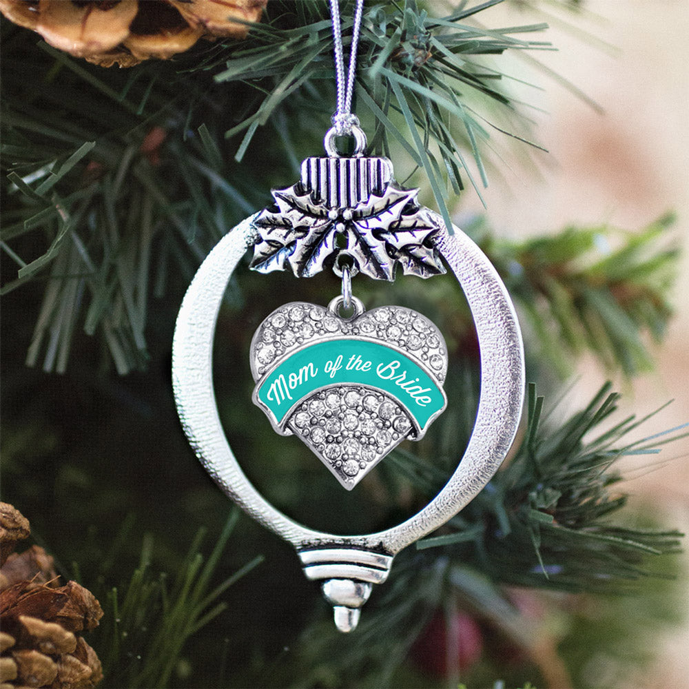Silver Teal Mom of the Bride Pave Heart Charm Holiday Ornament