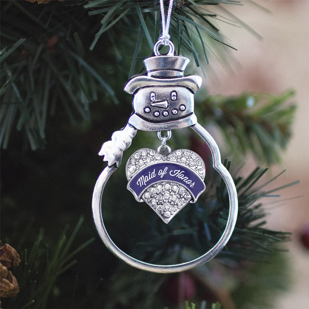 Silver Navy Blue Maid of Honor Pave Heart Charm Snowman Ornament