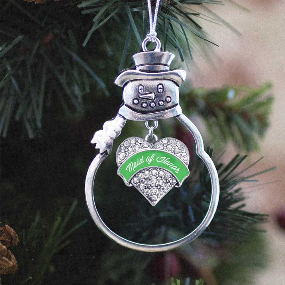 Silver Emerald Green Maid of Honor Pave Heart Charm Snowman Ornament