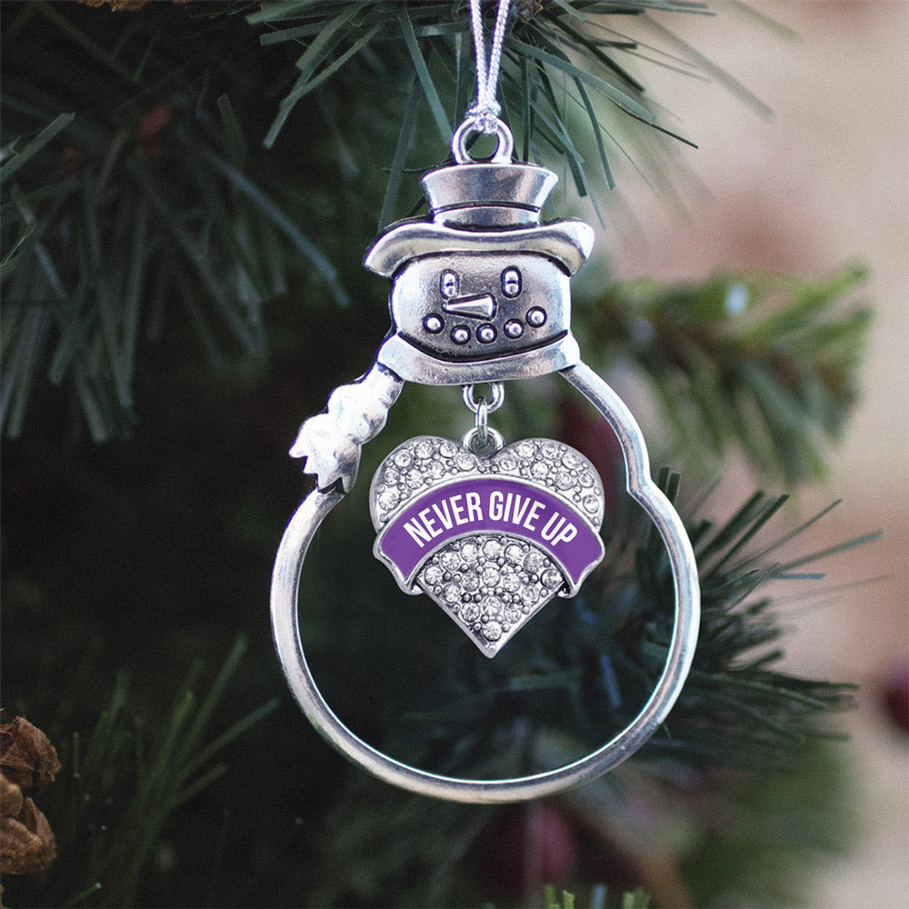 Silver Purple Banner Never Give Up Pave Heart Charm Snowman Ornament