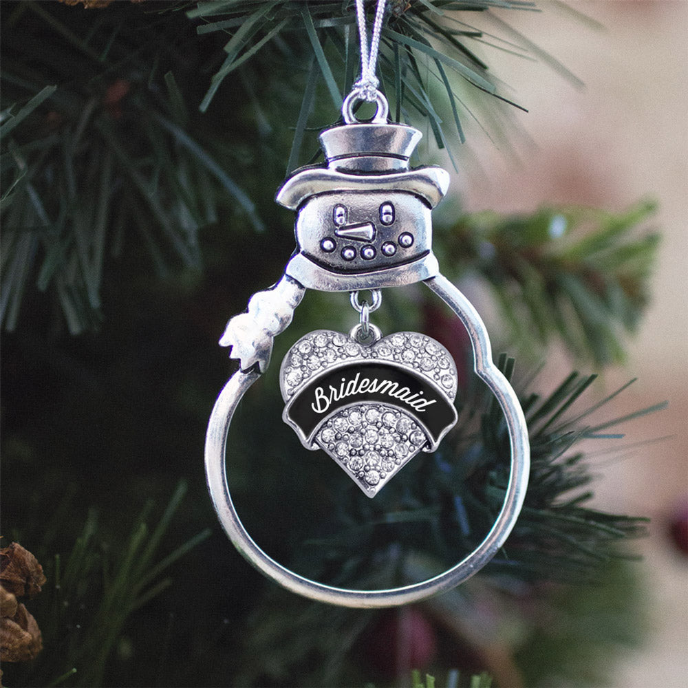 Silver Black and White Bridesmaid Pave Heart Charm Snowman Ornament