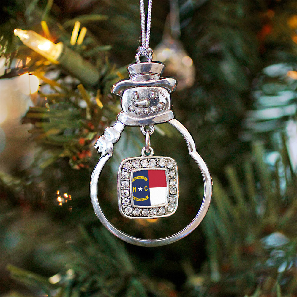 Silver North Carolina Flag Square Charm Snowman Ornament