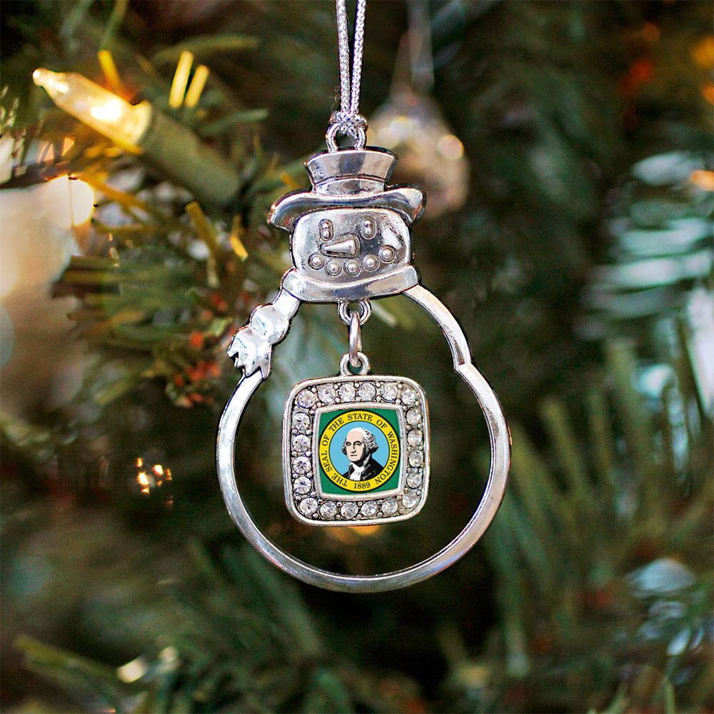 Silver Washington Flag Square Charm Snowman Ornament