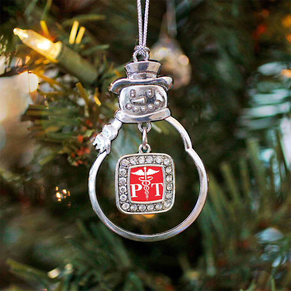 Silver Physical Therapist Square Charm Snowman Ornament
