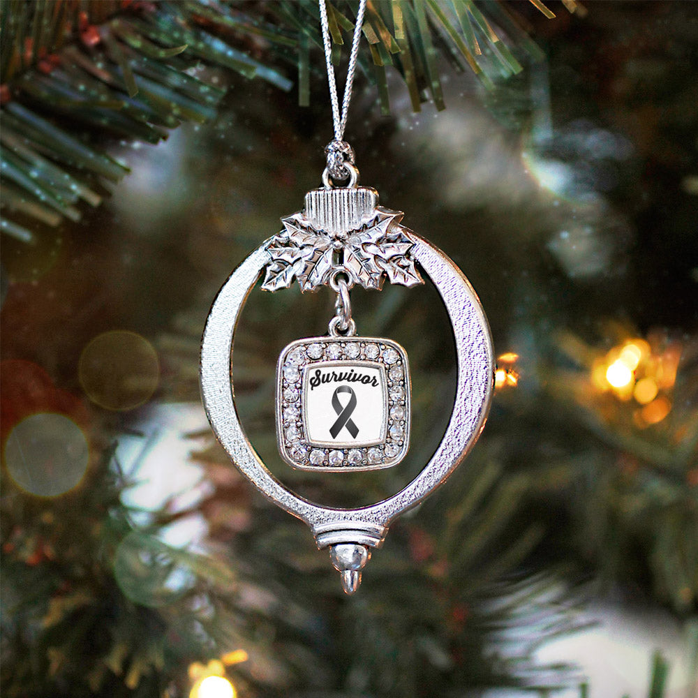 Silver Black Ribbon Survivor Square Charm Holiday Ornament