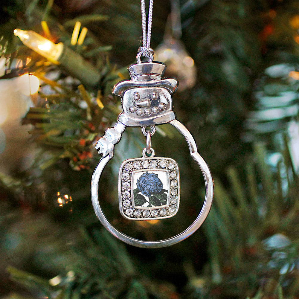 Silver Hydrangea Flower Square Charm Snowman Ornament