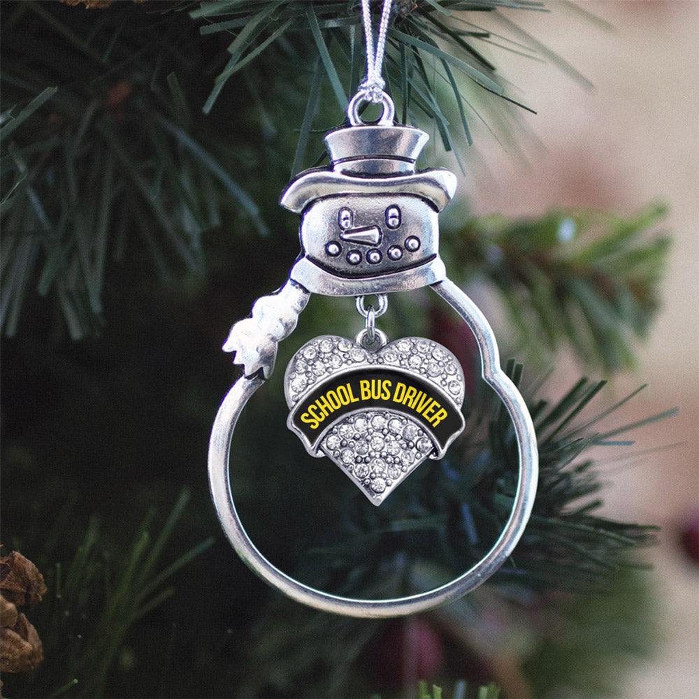 Silver Black and Yellow School Bus Driver Pave Heart Charm Snowman Ornament