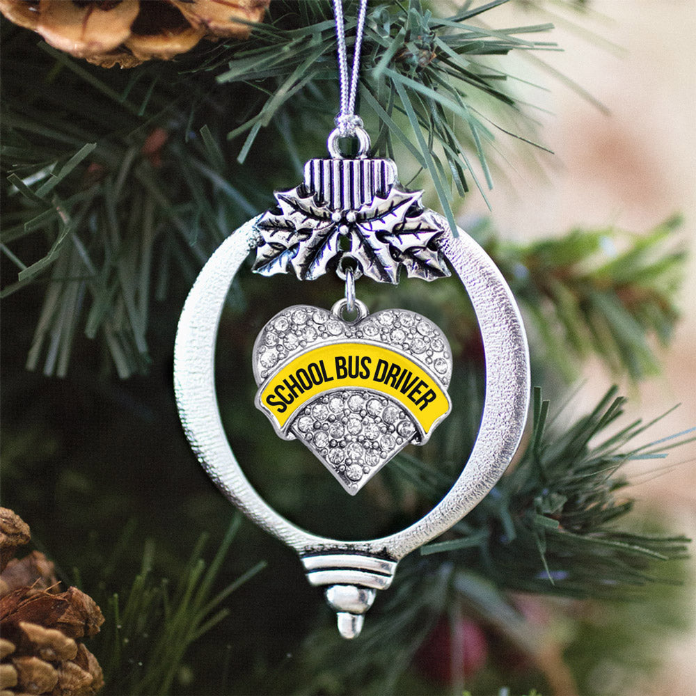 Silver Yellow and Black School Bus Driver Pave Heart Charm Holiday Ornament