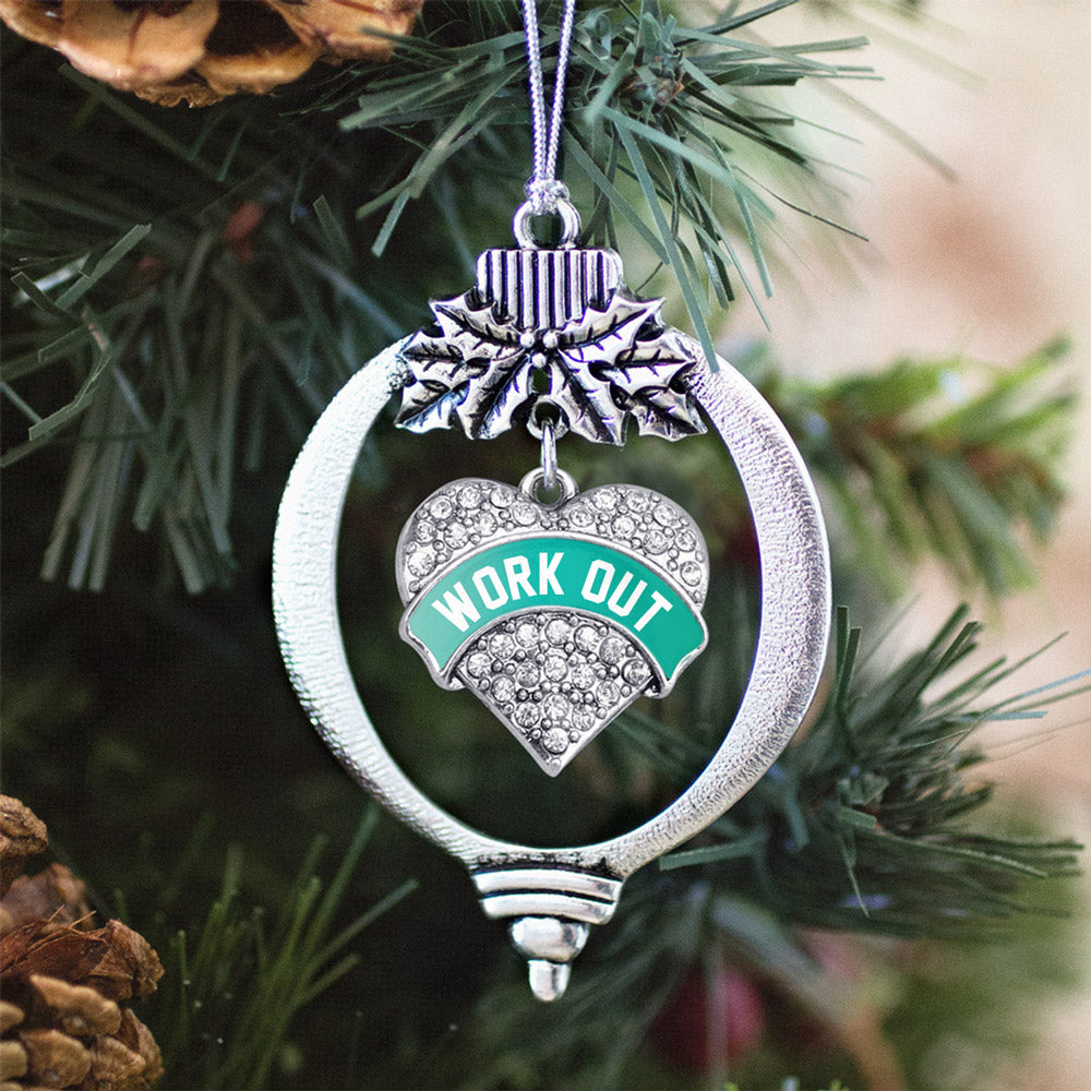 Silver Teal Work Out Pave Heart Charm Holiday Ornament