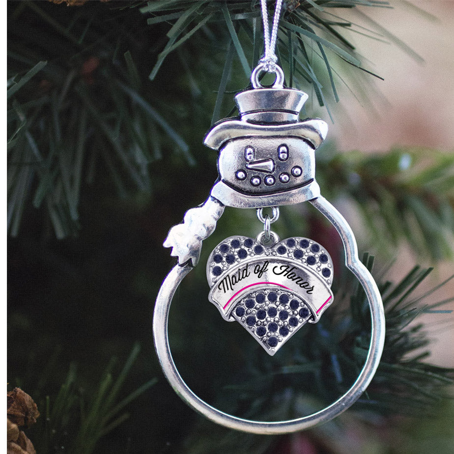 Silver Navy Maid of Honor Blue Pave Heart Charm Snowman Ornament