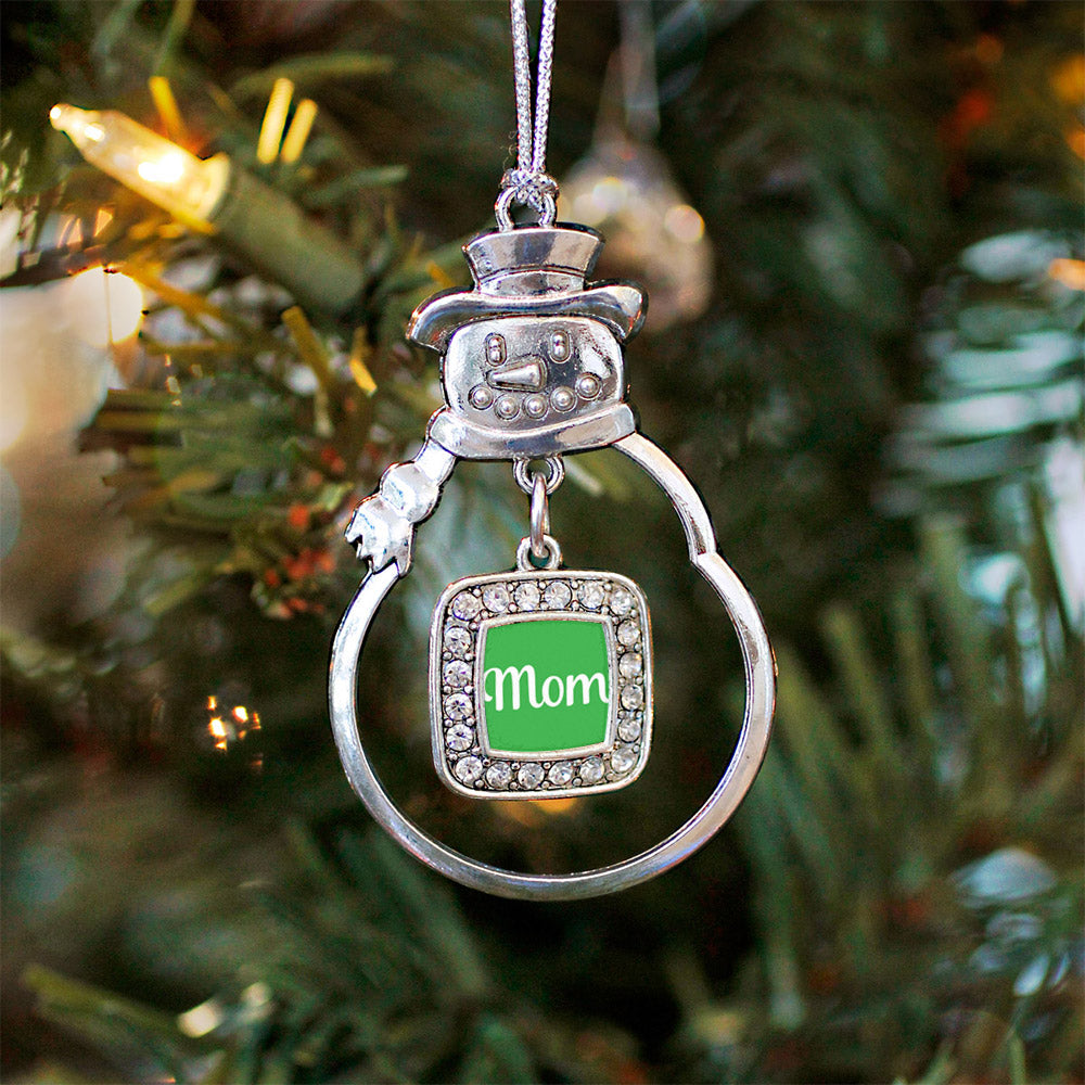 Silver Green Mom Square Charm Snowman Ornament