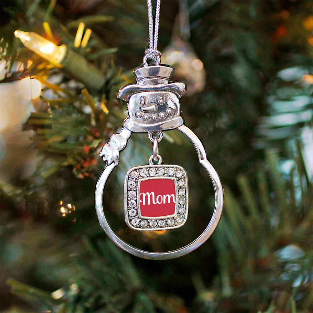 Silver Red Mom Square Charm Snowman Ornament