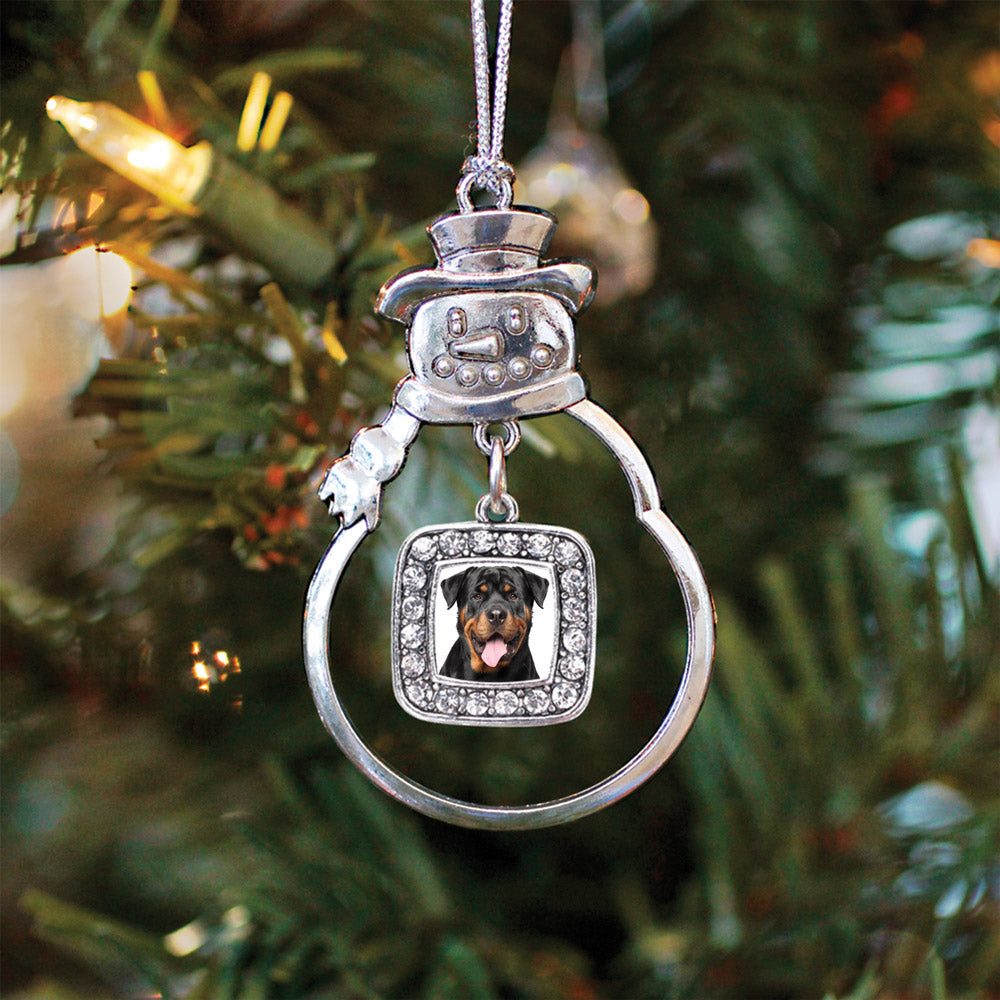 Silver Rottweiler Face Square Charm Snowman Ornament