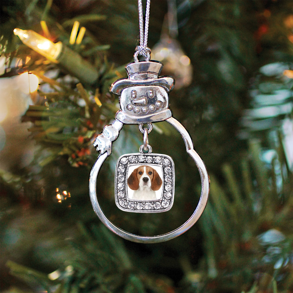 Silver Beagle Face Square Charm Snowman Ornament