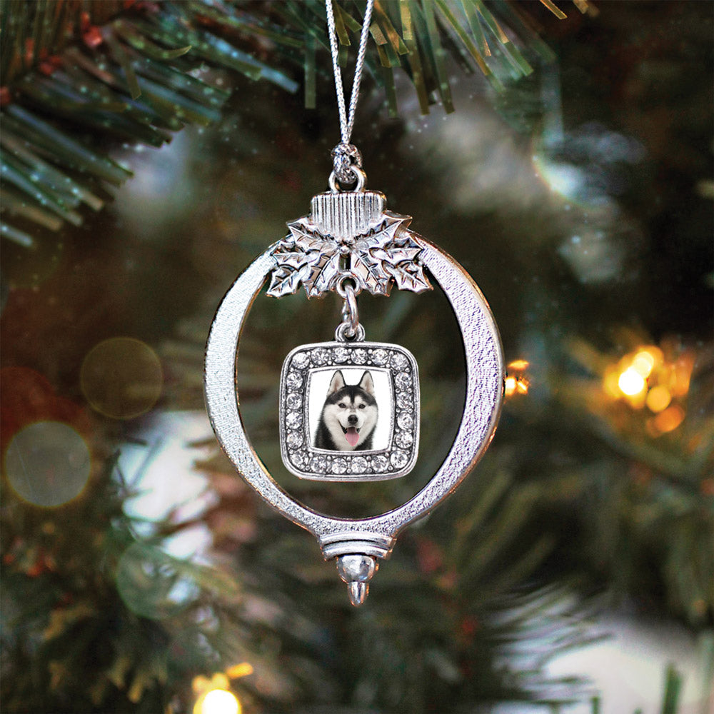 Silver Husky Face Square Charm Holiday Ornament