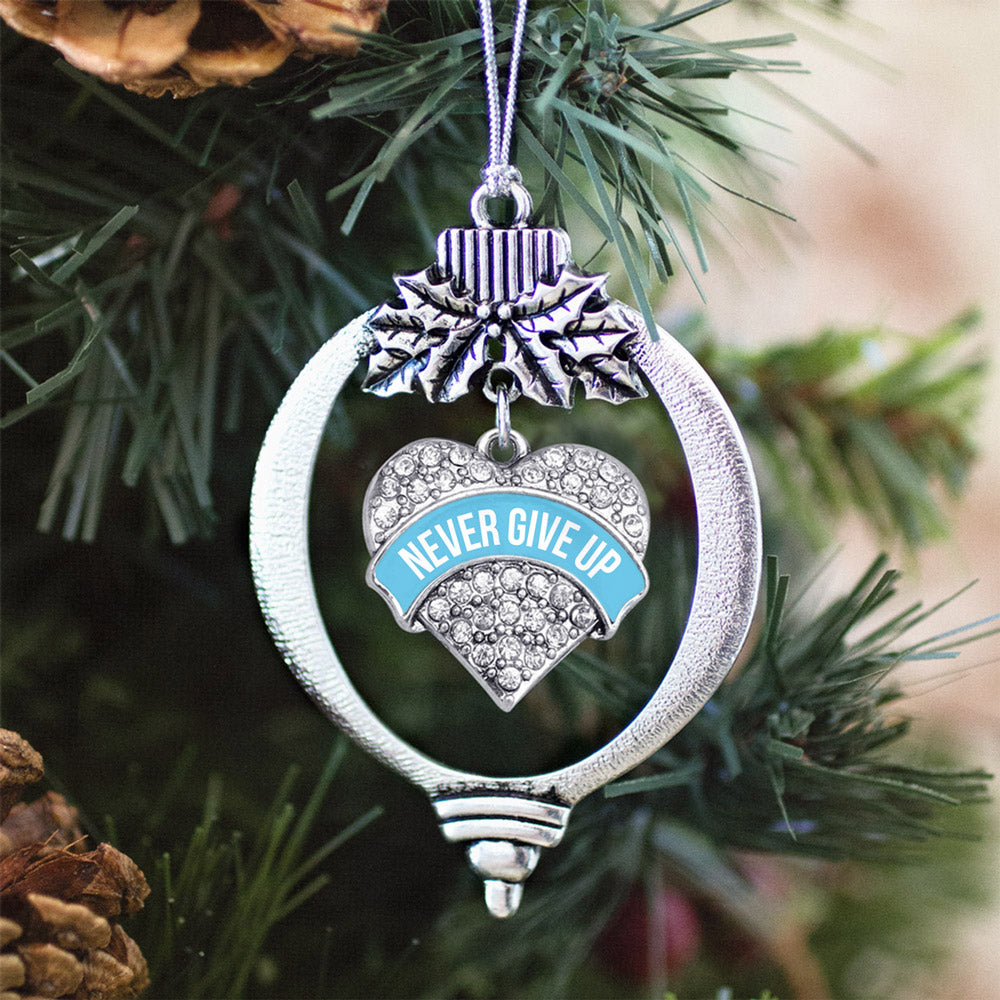 Silver Light Blue Banner Never Give Up Pave Heart Charm Holiday Ornament