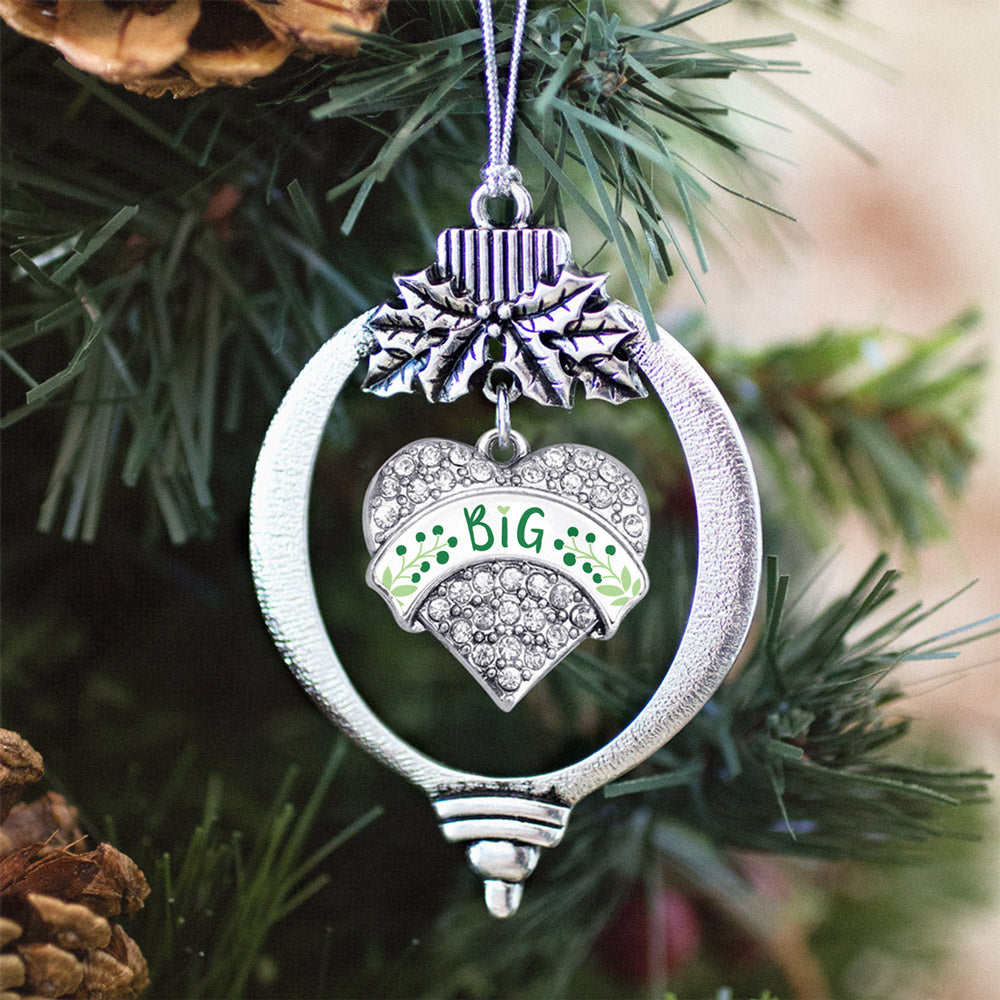 Silver Green and White Big Pave Heart Charm Holiday Ornament