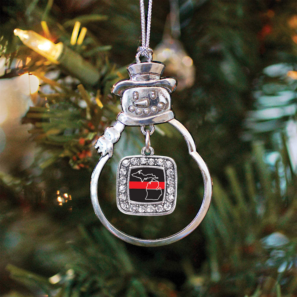 Silver Michigan Thin Red Line Square Charm Snowman Ornament