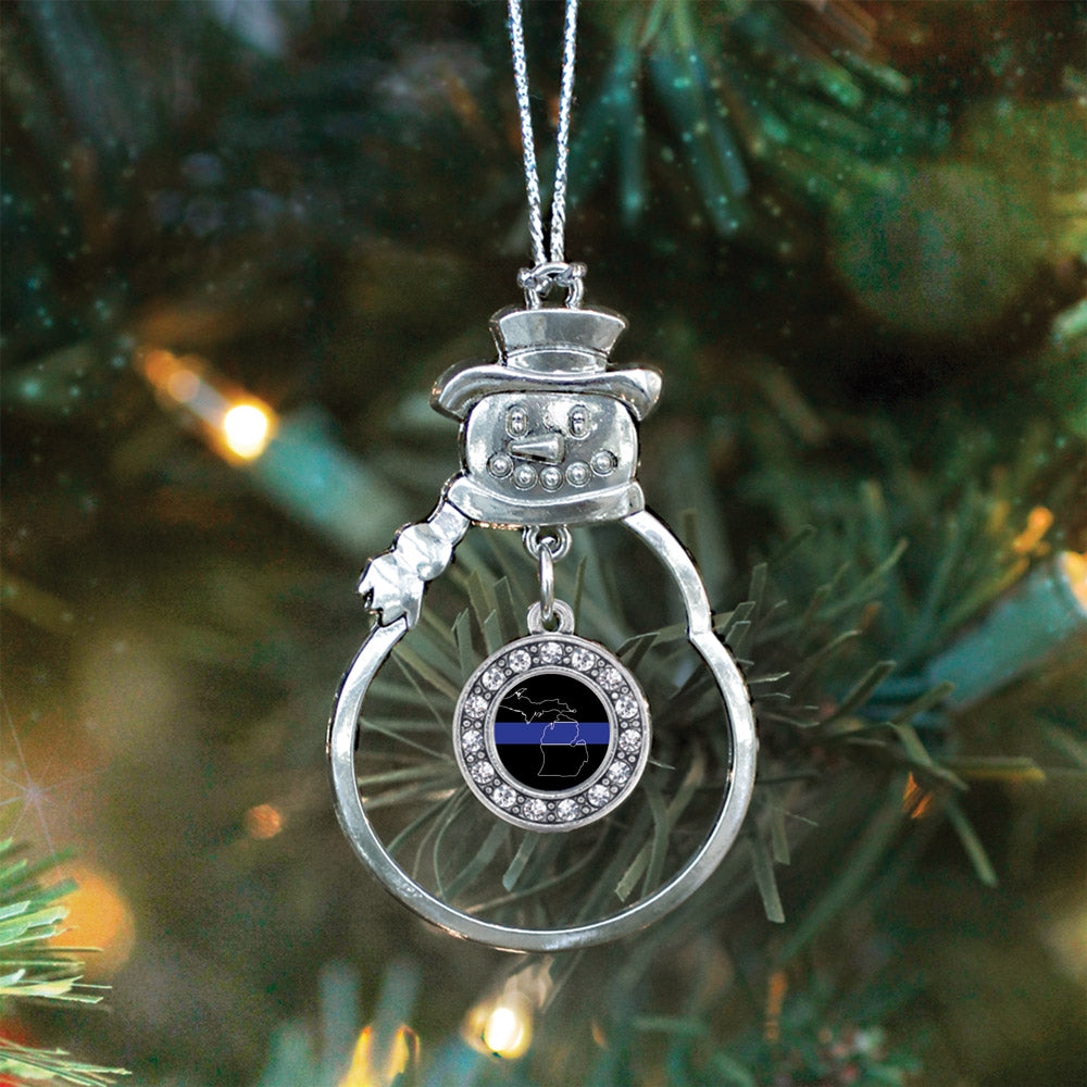 Silver Michigan Thin Blue Line Circle Charm Snowman Ornament