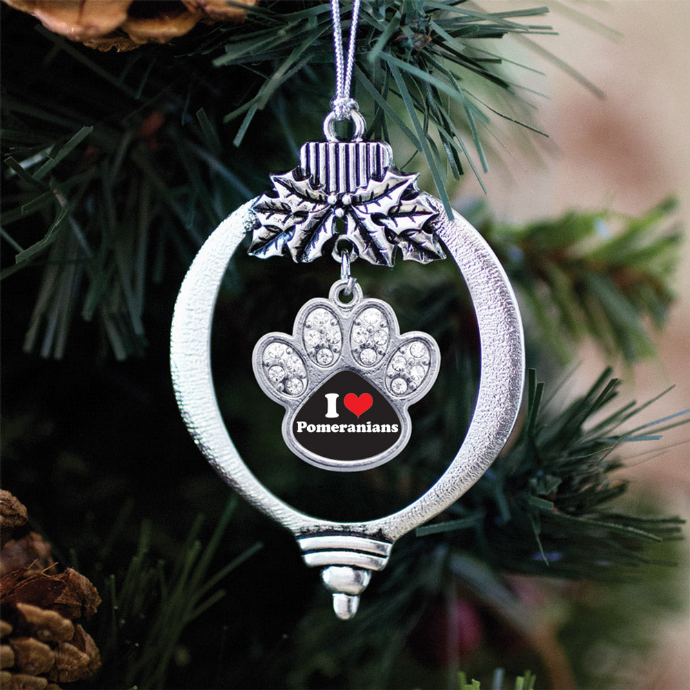 Silver I Love Pomeranians Pave Paw Charm Holiday Ornament