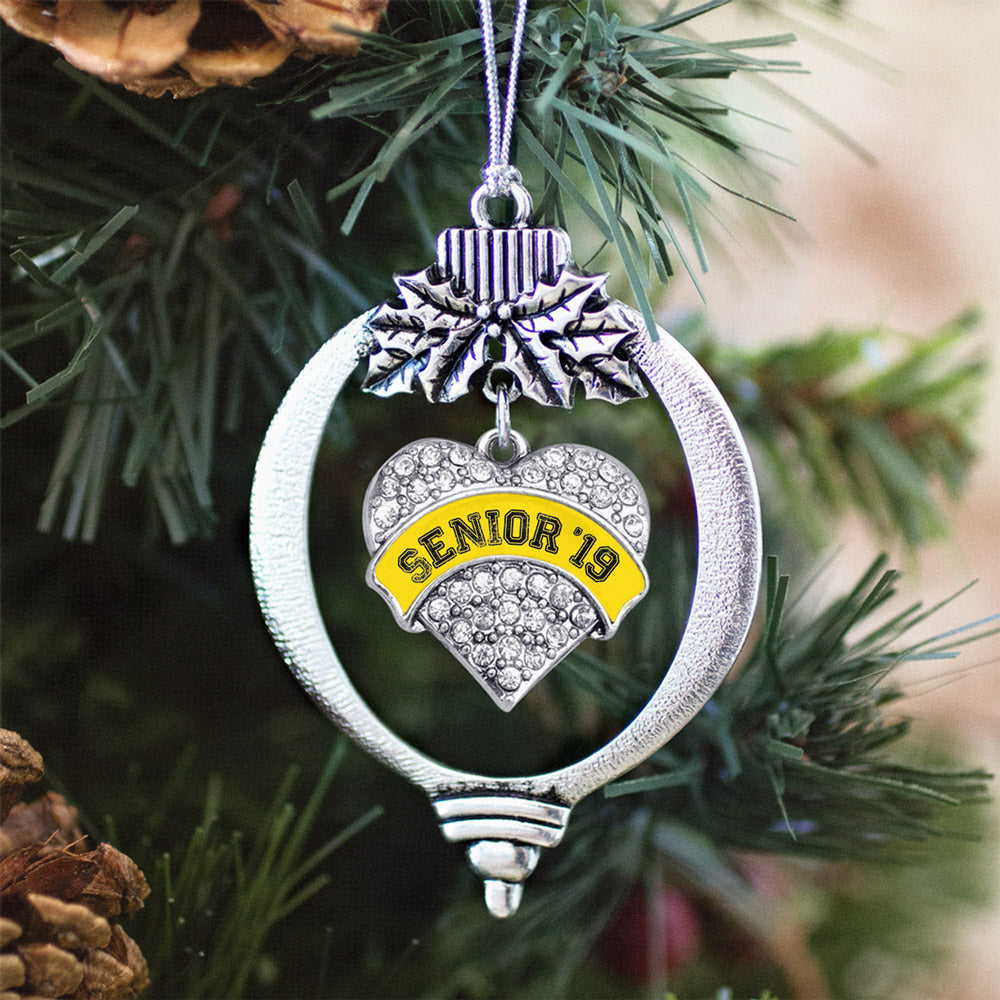 Silver Yellow Senior 2019 Pave Heart Charm Holiday Ornament