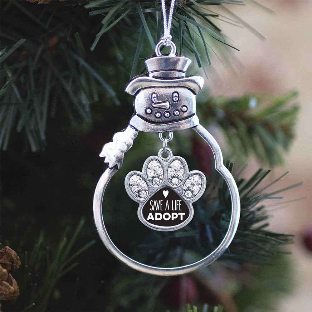 Silver Save A Life, Adopt Pave Paw Charm Snowman Ornament