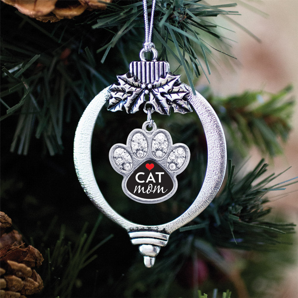 Silver Cat Mom Pave Paw Charm Holiday Ornament