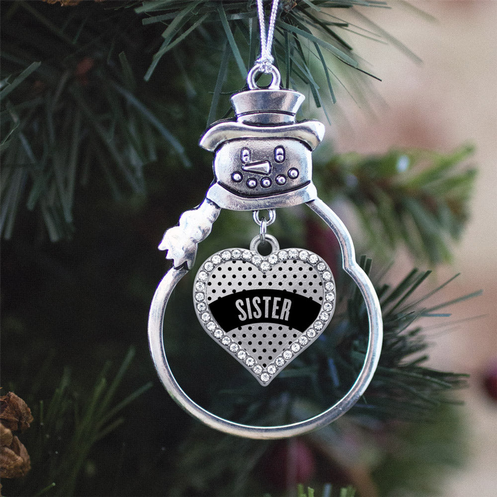 Silver Black Polka Dot Sister Open Heart Charm Snowman Ornament