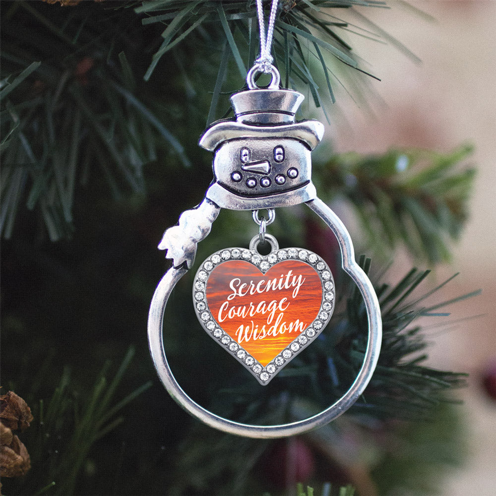 Silver Sunset Serenity Prayer Open Heart Charm Snowman Ornament