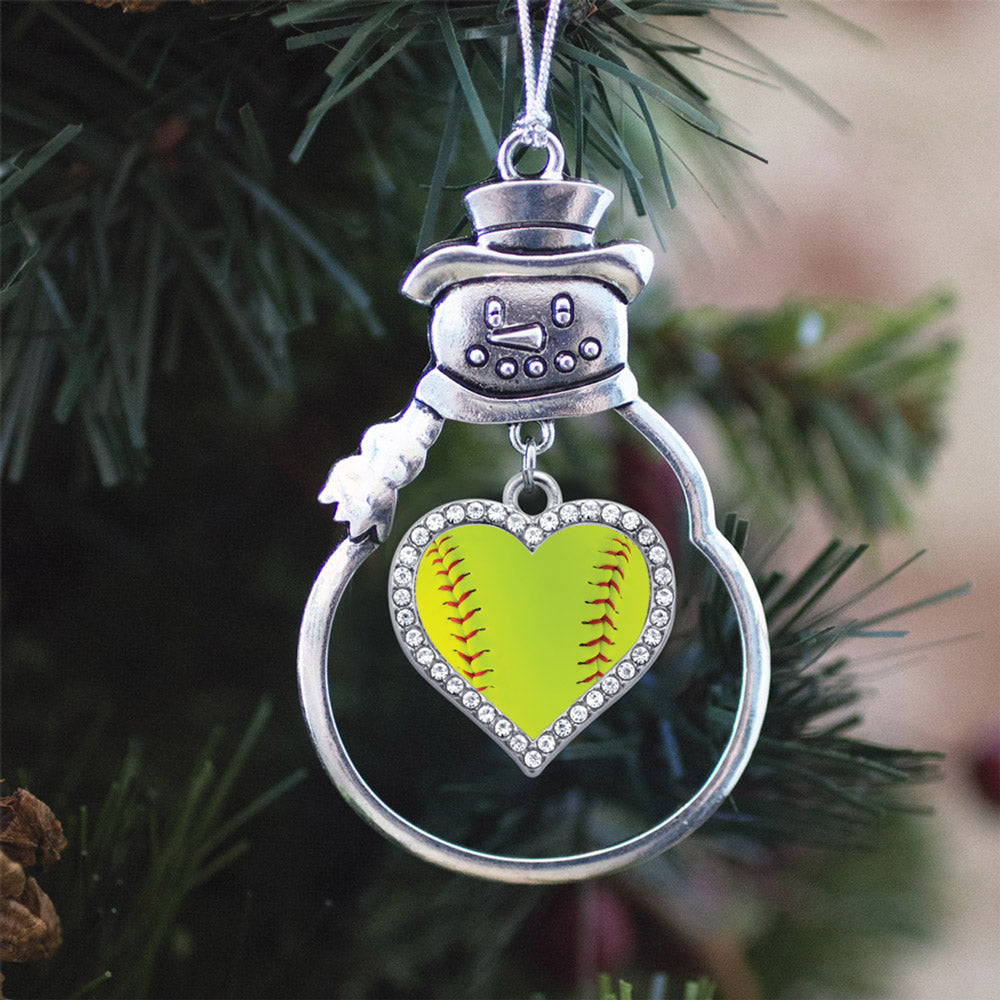 Silver Softball Open Heart Charm Snowman Ornament