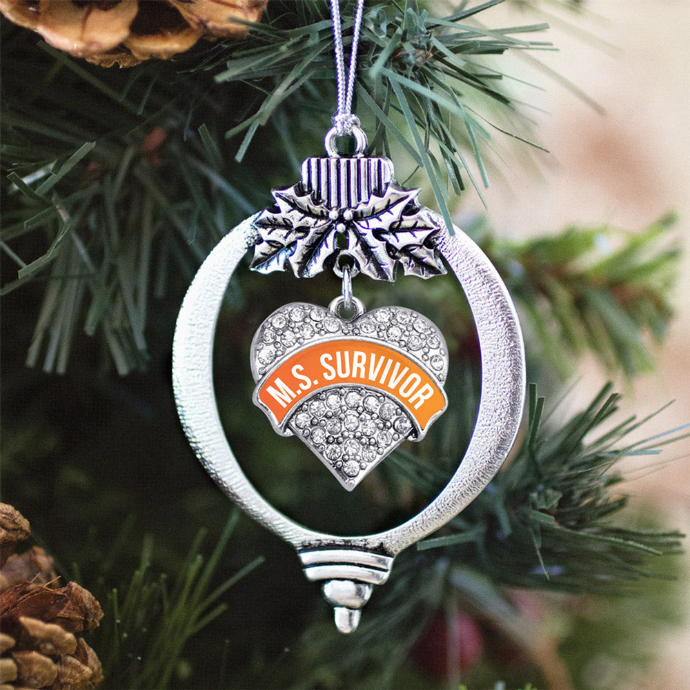 Silver M.S. SURVIVOR Pave Heart Charm Holiday Ornament