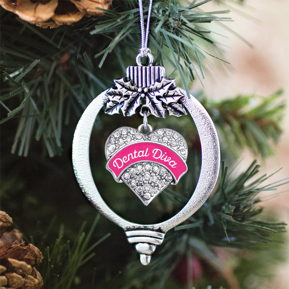 Silver Fuchsia Dental Diva Pave Heart Charm Holiday Ornament