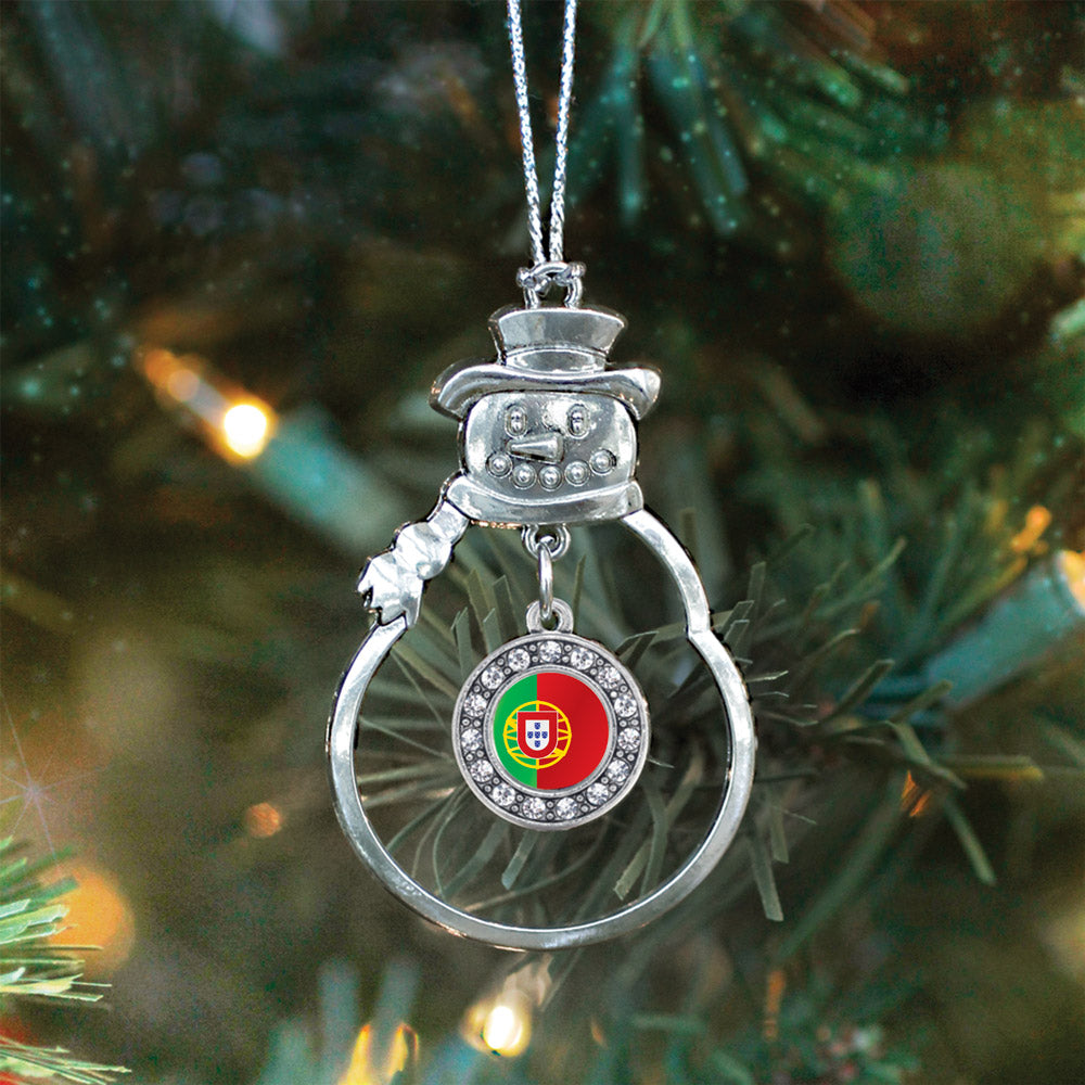 Silver Portugal Flag Circle Charm Snowman Ornament