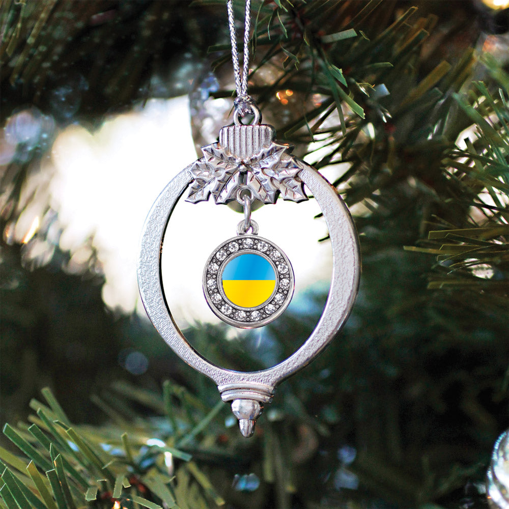 Silver Ukraine Flag Circle Charm Holiday Ornament