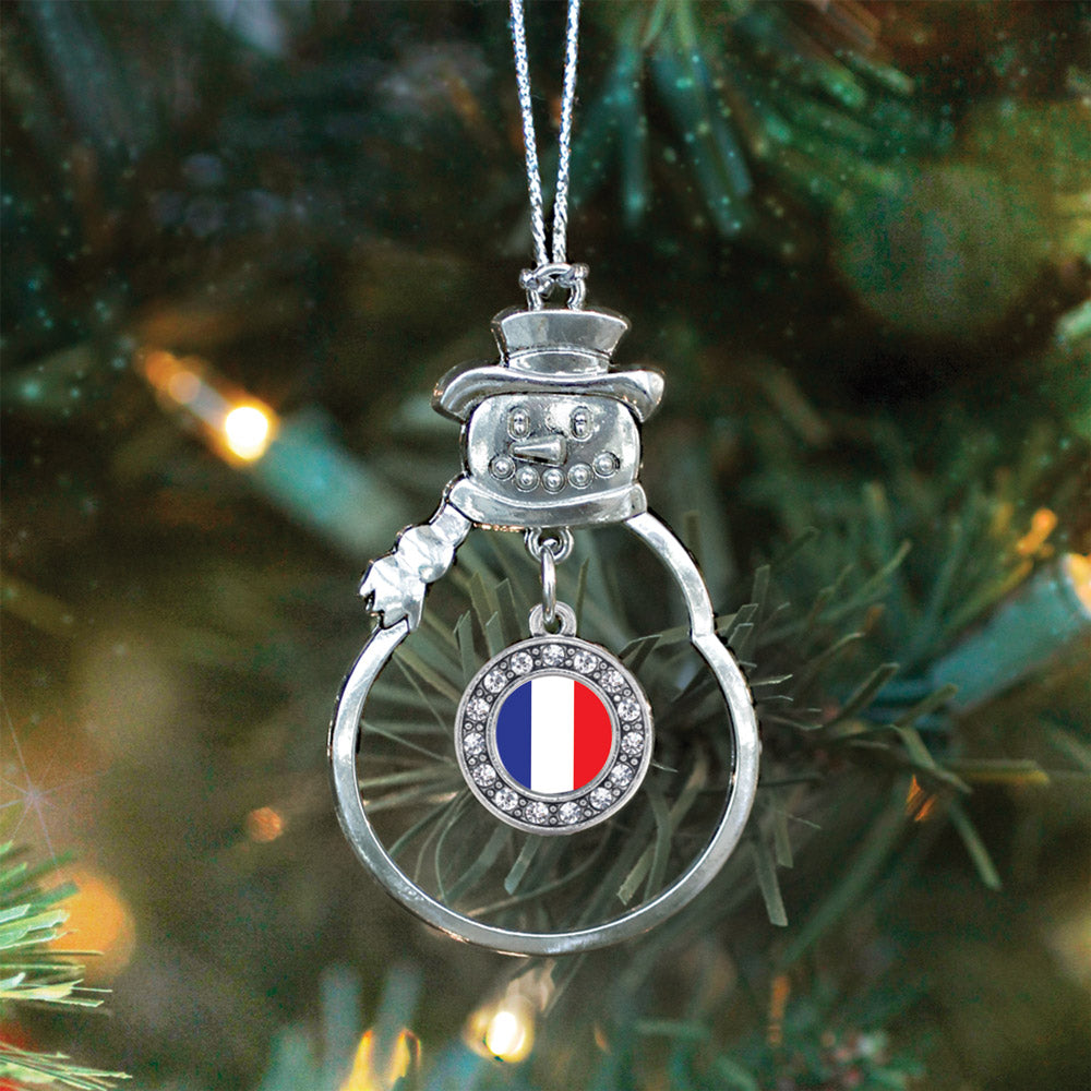 Silver France Flag Circle Charm Snowman Ornament