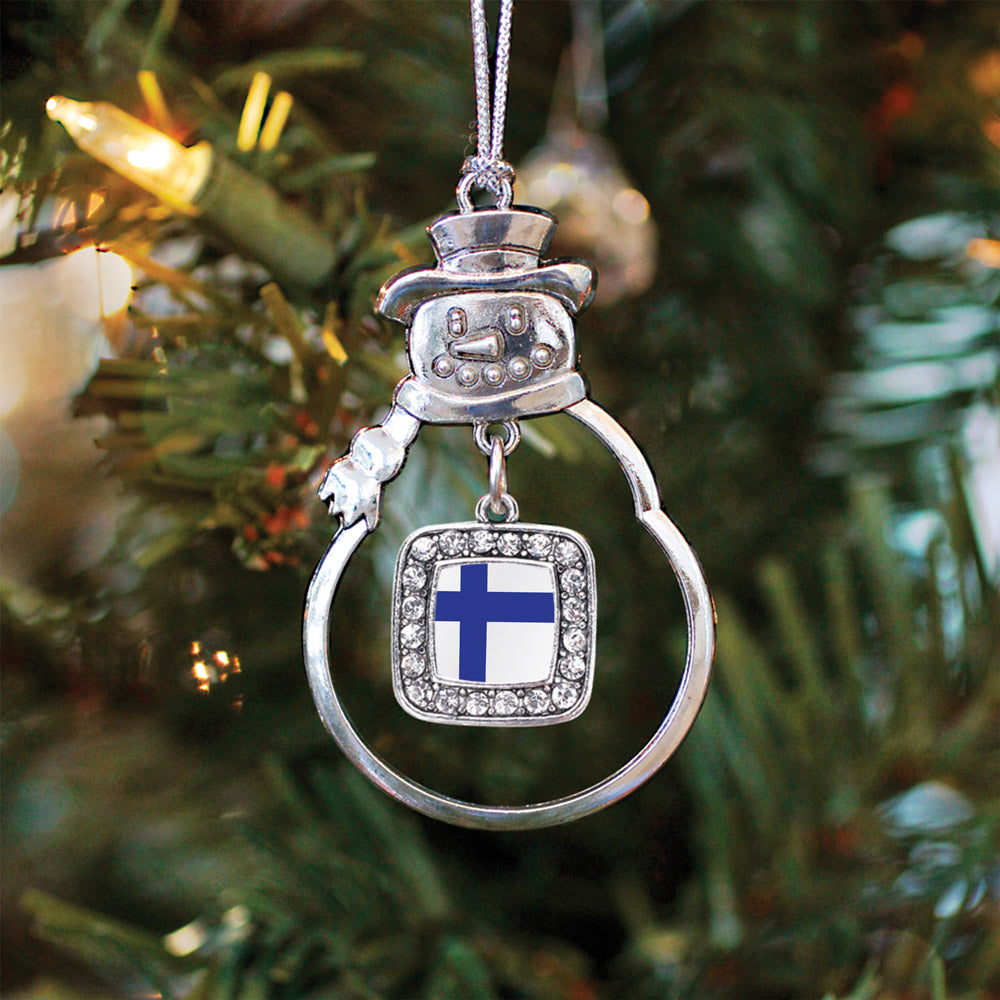 Silver Finland Flag Square Charm Snowman Ornament