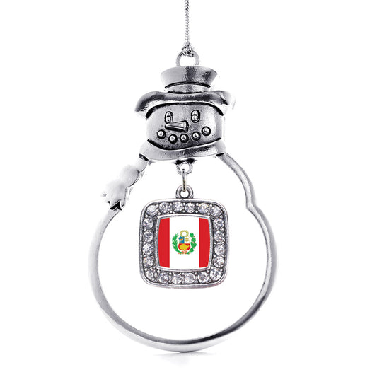 Silver Peru Flag Square Charm Snowman Ornament