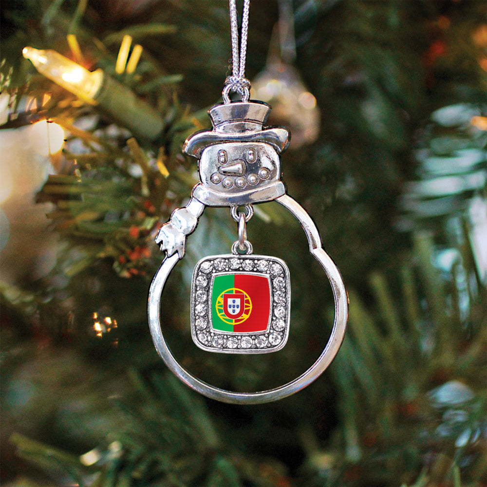 Silver Portugal Flag Square Charm Snowman Ornament