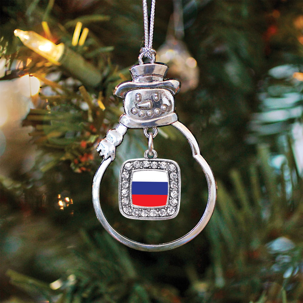 Silver Russia Flag Square Charm Snowman Ornament