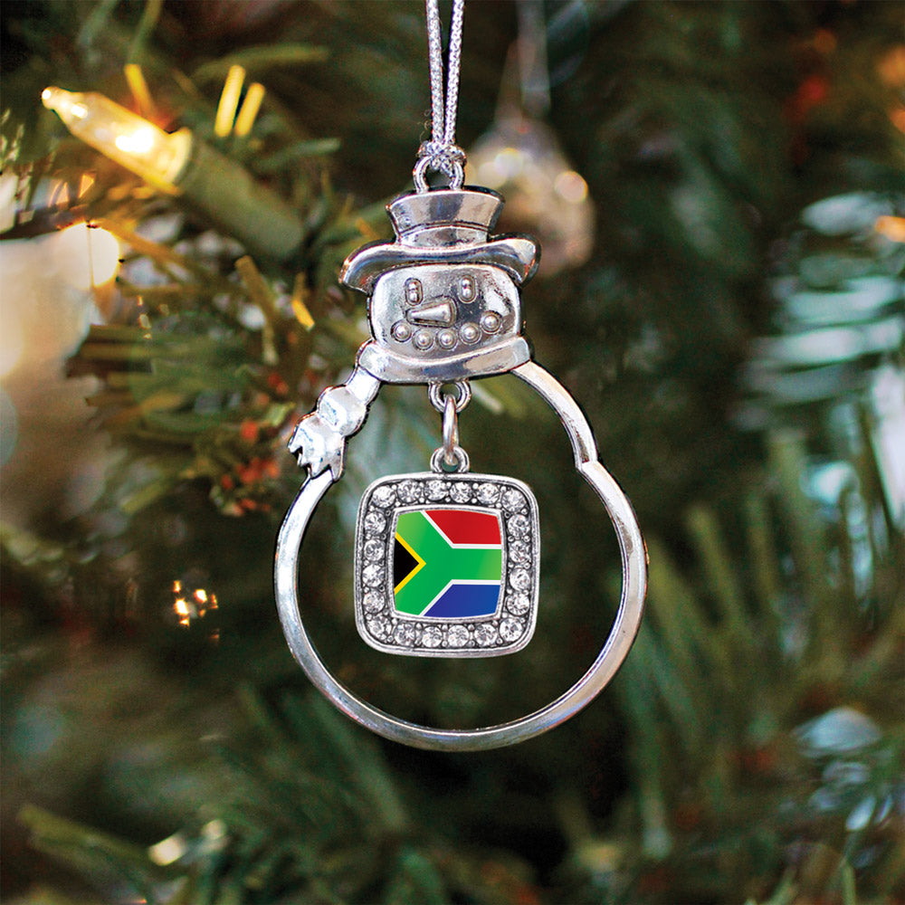 Silver South Africa Flag Square Charm Snowman Ornament