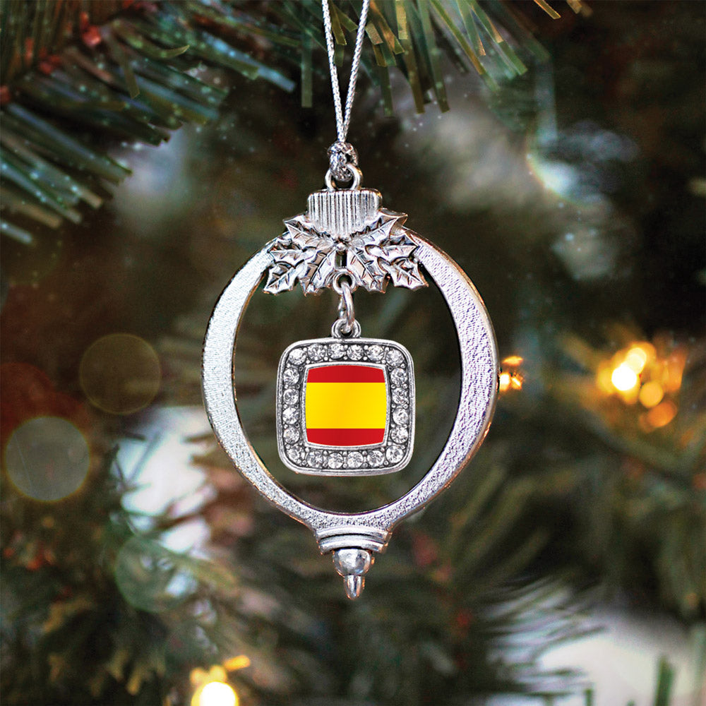 Silver Spain Flag Square Charm Holiday Ornament