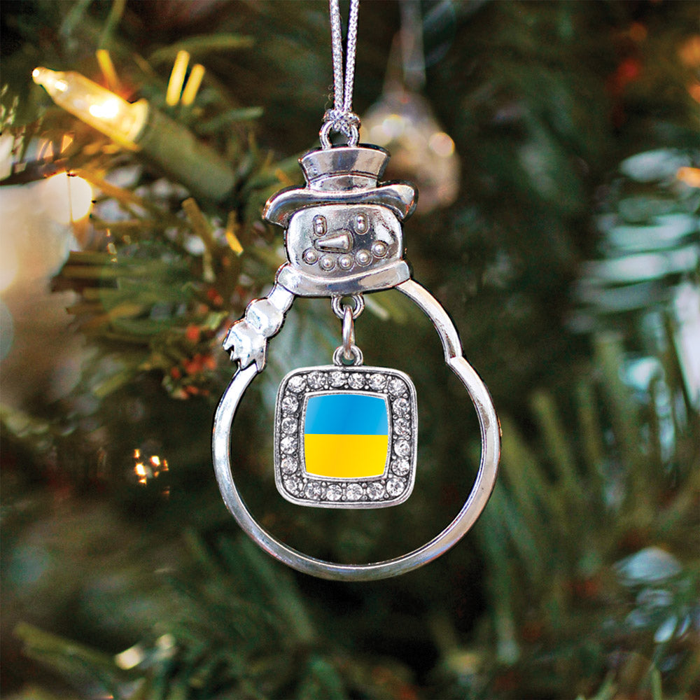 Silver Ukraine Flag Square Charm Snowman Ornament