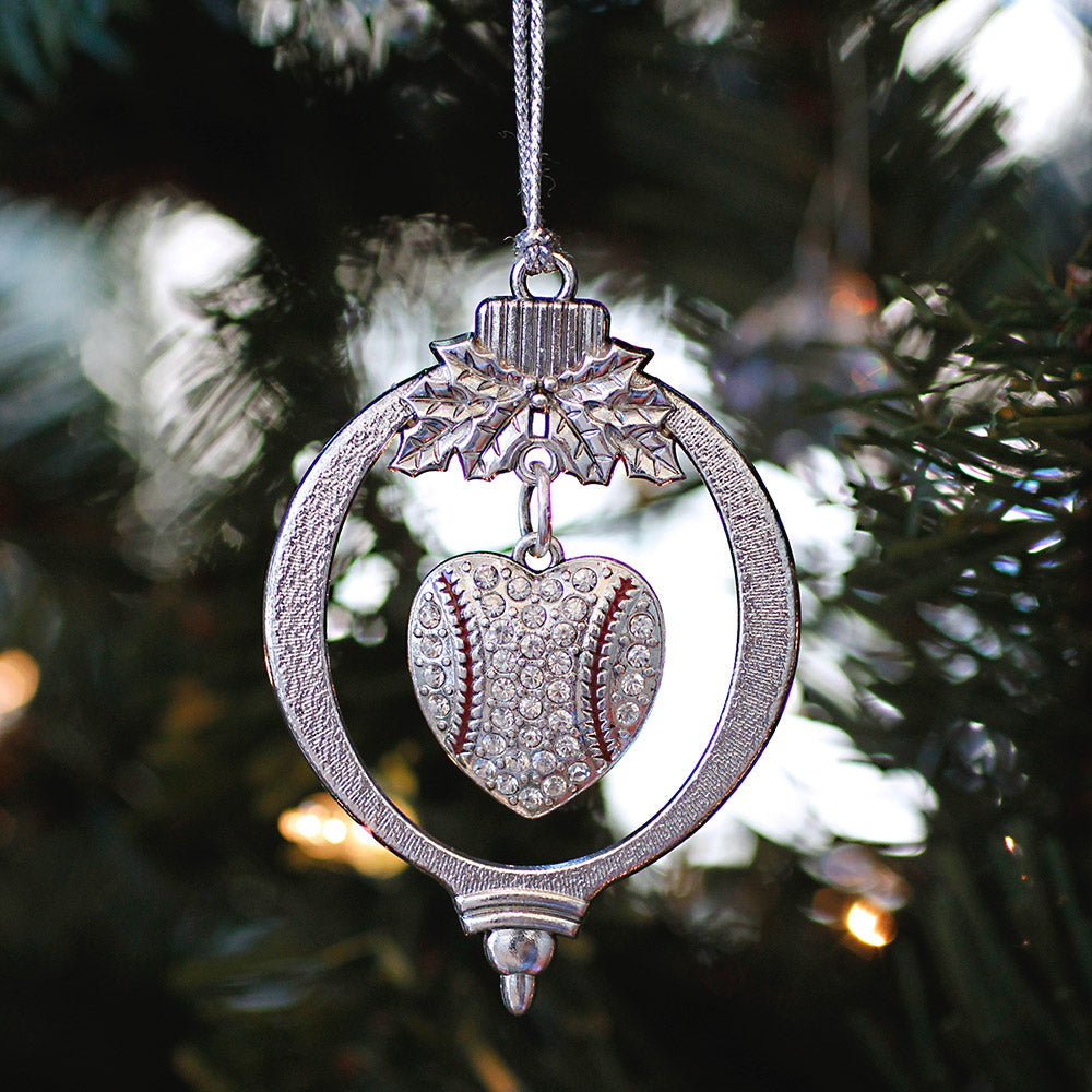 Silver Baseball Heart Charm Holiday Ornament