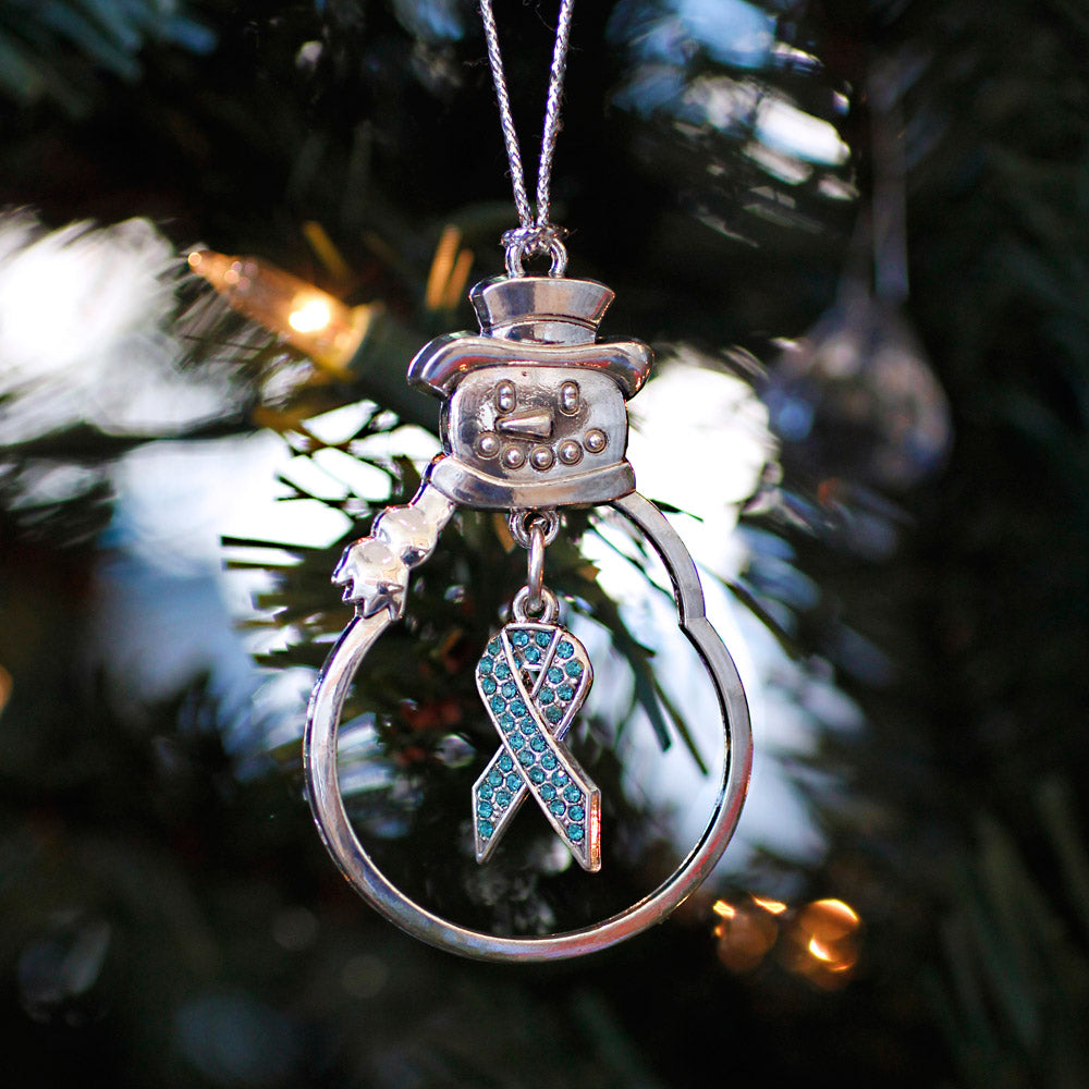 Silver Aqua Ribbon Charm Snowman Ornament