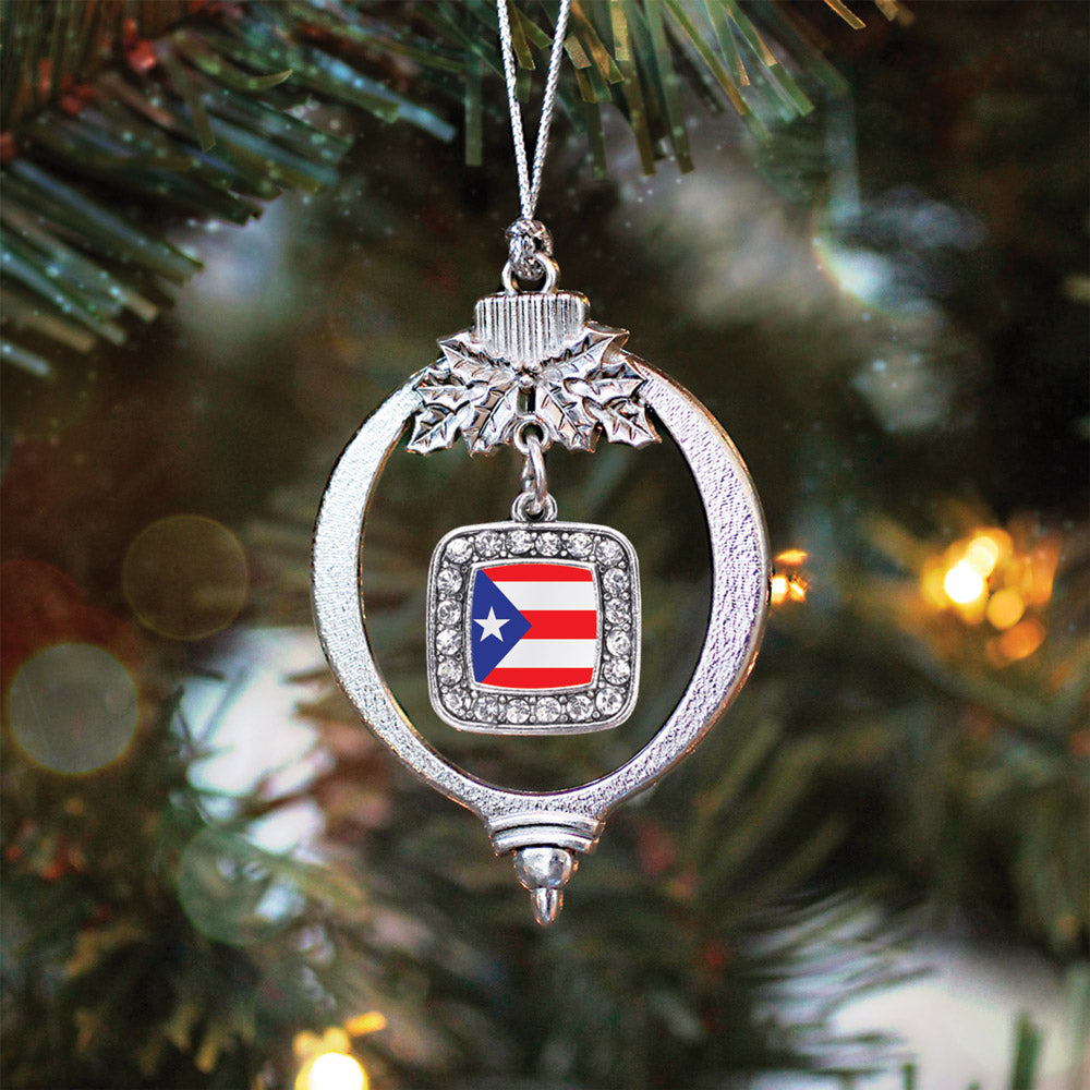 Silver Puerto Rico Flag Square Charm Holiday Ornament
