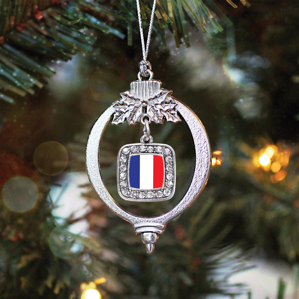 Silver France Flag Square Charm Holiday Ornament